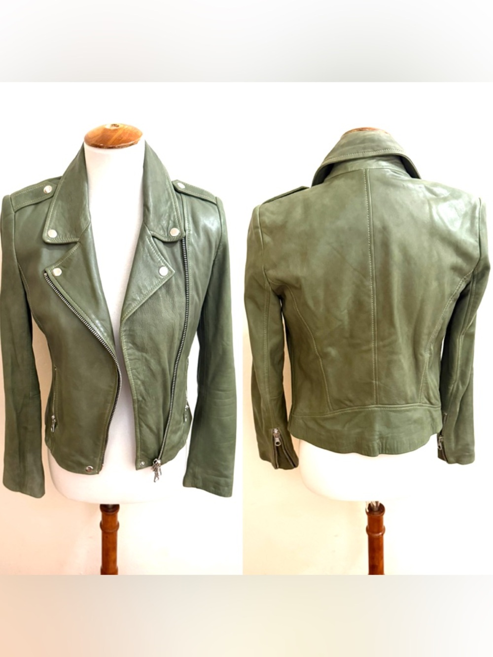 Womens Olive Green Leather Moto Jacket with Zipper Detail